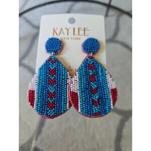 Kay Lee Blue Red White Beaded Oval Earrings New